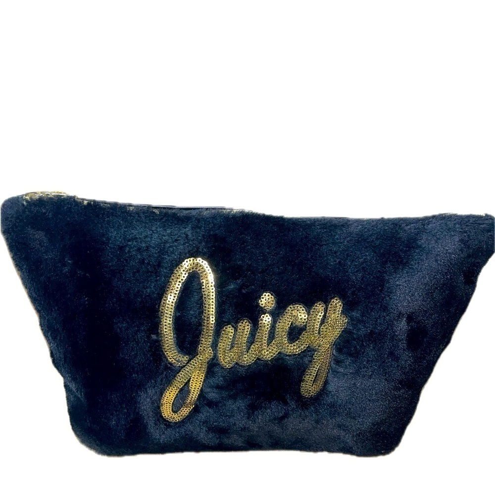 Juicy Couture Pyramid Cosmetic Travel Bag Juicy Faux Fur, Black & Gold, NWOT